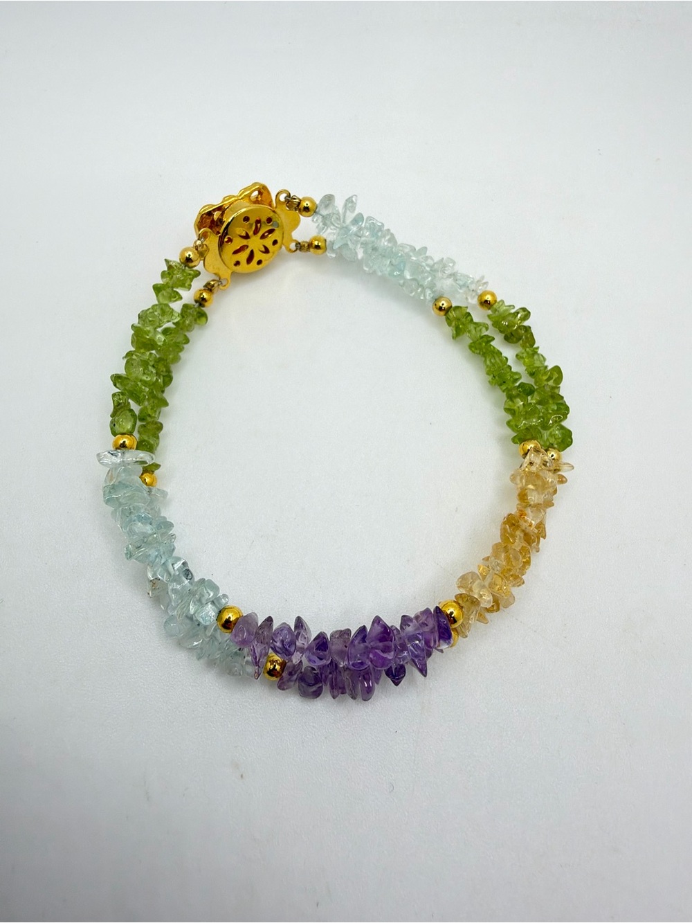 ~7.5" double stranded amethyst, citrine, peridot, aquamarine chip bracelet!
